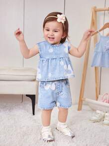 Bộ áo và quần short DENIMLY in họa tiết hoa cho bé gái, giặt nhẹ, sản phẩm thời trang ấm áp hàng ngày không thể thiếu cho mùa xuân hè. - Rửa nhẹ - Xem 4