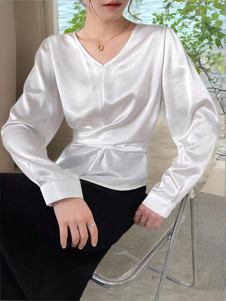 INAWLY Damen Elegante Satinbluse mit Schleifen-Dekor, Schlankheitsdesign - Weiss - Übersicht 1