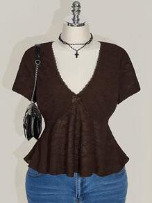 SHEIN ICON Plus Size Black V-Neck Lace Trim Babydoll Knit Top,Going Out Tops Women