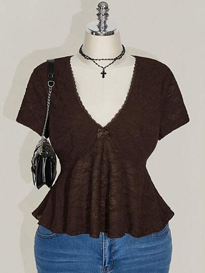 SHEIN ICON 大码黑色 V 领蕾丝边娃娃装针织上衣