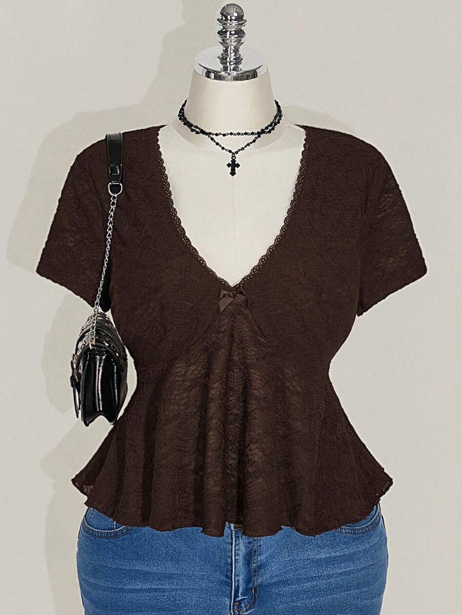 SHEIN ICON Plus Size Black V-Neck Lace Trim Babydoll Knit Top,Going Out Tops Women