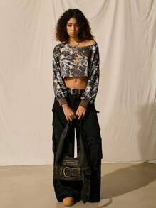 SHEIN EZwear Casual Camouflage Print Scoop Neck Cropped Sweatshirt Graduation,Back To School Outfits,Graduation,Teacher Outfits For Women,Back To School In Fall/Winter