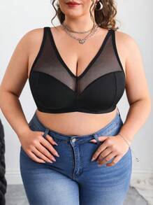 SHEIN CURVE+ Grande taille Couleur unie Insert en maille Soutien-gorge sans armatures Courbe Tenues d'été/Pays/Vacances à la plage/Tenues de plage/Vêtements de plage
