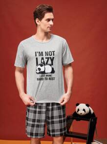 Juego de pijama cómodo y casual de camiseta y pantalones cortos con estampado divertido de comida rápida estadounidense y patrones de dibujos animados divertidos para hombres