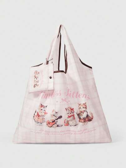 Kawaii Borsa a tracolla pieghevole e di grande capacità con stampa a gatto carina, con portamonete, borsa da shopping portatile