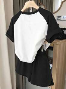 INAWLY 2 pezzi/set di maglietta e pantaloncini casual estivi color block per donna