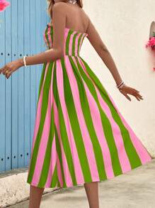 Vivid Eden Women's Two-Tone Striped Print Spaghetti Strap Midi Dress, Summer Vacation,Women Summer Clothing,For Beach Vacation,Bohemian Clothes,Dresses For Women Summer - Pink - View 2