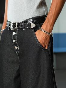 PAVTROS Manfinity Streetrush Men's Pocket Button Fly Frayed Edge Relaxed Fit Jeans Men S Wide Leg Jeans - Black - View 8