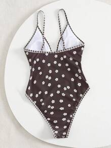 Swim Mod Summer Vacation Floral Pattern Lace-Up Plaid Contrast Color Adjustable Spaghetti Strap Deep V-Neck One-Piece Swimsuit - Multicolor - View 2