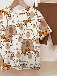 SHEIN Leap Crew 2 件套可爱水豚蝴蝶结和花卉印花休闲宽松短袖 T 恤和紧身裤套装，适合青少年和夏季