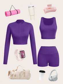 Slaydiva 3 Stücke/Set Damen Sommer Lässig elastisch Halb-Reißverschluss Stehkragen Slim Fit Langarm T-Shirt Jacke, ärmelloses Crop Top und Sport Shorts - Violett - Übersicht 2