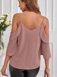 SHEIN Clasi Camisa de primavera para dama con hombros descubiertos y volantes al tono - Rosa vieja - Ver 2