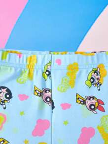 THE POWERPUFF GIRLS X SHEIN Set da ragazza di maglietta a maniche corte con stampa di lettere cartoni animati e pantaloncini corti, stile casual, per l'estate