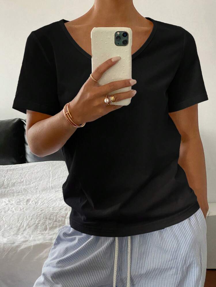 Women's Casual Basic Black Slightly Loose Fit T-Shirt, Summer