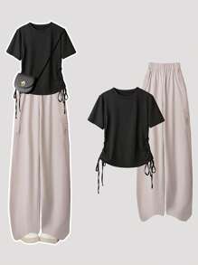 Flirla Plus Size Solid Color Waist Cinched T-Shirt And Utility Pants Set For Women - Multicolor - View 1