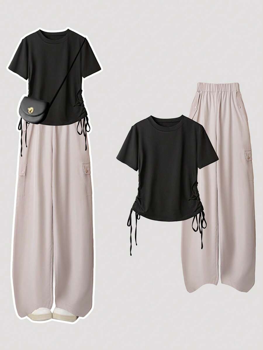 Flirla Plus Size Solid Color Waist Cinched T-Shirt And Utility Pants Set For Women - Multicolor - View 1