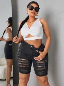 SHEIN SXY Plus Size Women Black Denim Elastic Skinny Ripped Sexy Shorts - Dark Grey - View 5