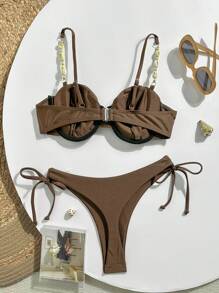 Swim Chiccia 2 Stücke Einfarbiger Draht-BH Cami Top mit Perlen Deko und seitlich gebundenen String Bikini Unterteil Set, Frauen Bademode für Strandurlaub im Sommer - Kaffeebraun - Übersicht 2
