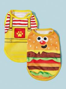 PETSIN Pet Puppy/Kitten Cartoon Burger Print Striped Suspender Pants + Breathable Cooling Vest 2pcs Set, Suitable For Cats And Dogs - Multicolor - View 1