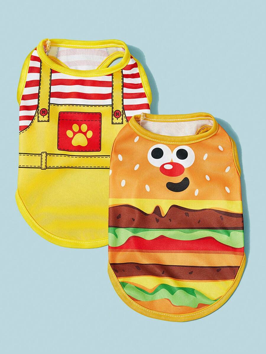 PETSIN Pet Puppy/Kitten Cartoon Burger Print Striped Suspender Pants + Breathable Cooling Vest 2pcs Set, Suitable For Cats And Dogs - Multicolor - View 1