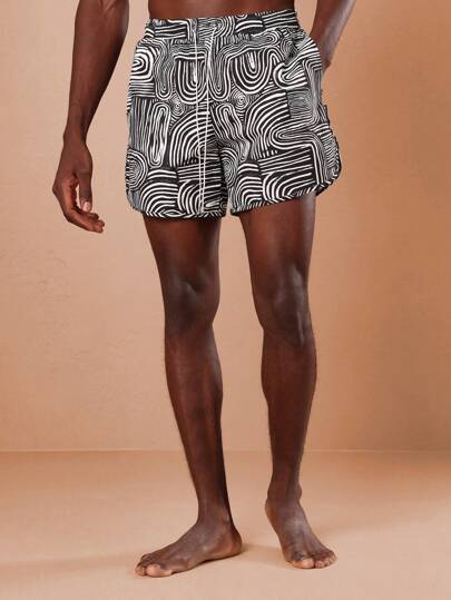 SUMWON Retro Wave Print Swimming Trunks Beach Shorts Summer Resort Pool Party Athletic Drawstring Design Leisure Vacation Surfing Style Mid-Length Sport Board Shorts