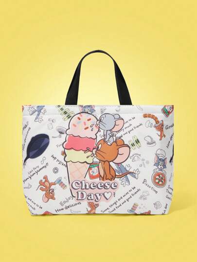TOM & JERRY X SHEIN Ice Cream & Cartoon Pattern Insulated Lunch Box Bag For Office Workers And Students