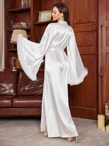 Slumberist 奢华优雅的及地缎面长袍，女士睡袍，女士睡衣，新娘睡袍，白色蕾丝长袍，白色丝绸长袍，适合秋冬季穿着