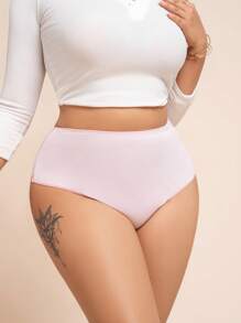 大码女式纯色褶皱中腰丁字裤 - 粉色 - 查看 3