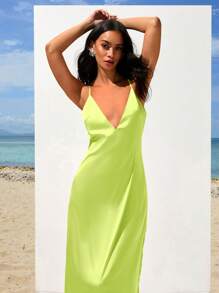 Opulessa 1pc Women's Elegant Solid Color Woven V-Neck Cami Maxi Dress - Green - View 7