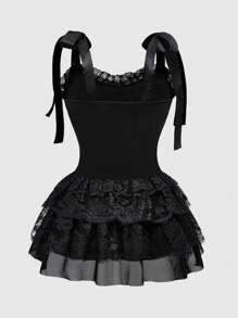 ROMWE Váy xếp nếp thêu ren nhung Gothic cổ điển cỡ lớn cho nữ - màu đen - Xem 2