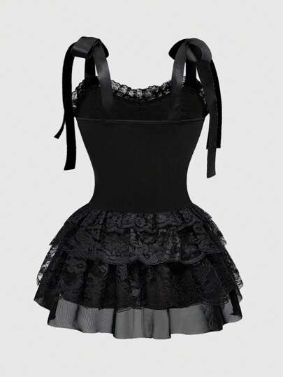 Goth Plus Size Women Vintage Gothic Velvet Lace Patchwork Ruffle Hem Dress,Corset Dress For Women
