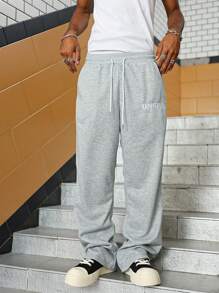 Manfinity Homme Men's Casual Sports Letter Graphic Drawstring Waist Sweatpants - Light Grey - View 2