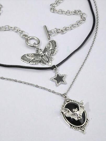 Fairycore 3pcs Vintage Gothic Bat, Star, Moth Pendant Necklace Set For Women, Halloween