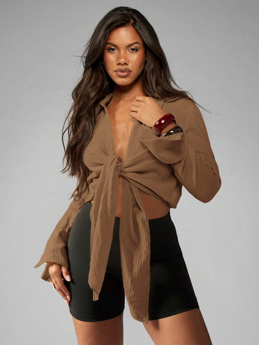 MISSGUIDED Áo sơ mi voan buộc dây dài tay cài nút đơn giản nhẹ mặc đi nghỉ dưỡng mùa xuân hè áo nhẹ - Lạc đà - Xem 1