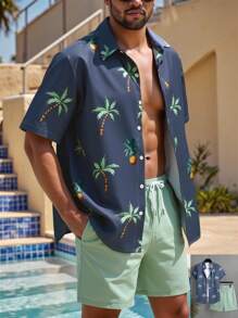 Manfinity Swimmode Men's Palm Tree Print Short Sleeve Shirt And Shorts Beach 2-Piece Set Men's Vacation Clothes Men Swim Trunks, Hawaiian, Men's Beach Shirts, Men's Resort Wear, Men's Vacation Outfit, Men's Bahama Outfit