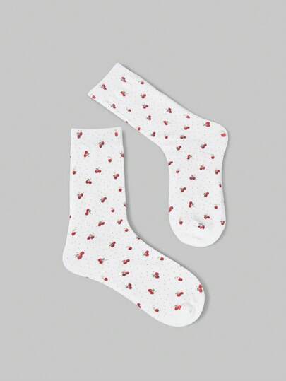 Kawaii 1pc Cute Red Polka Dot Cherry Women's Mid-Calf Socks #1515266