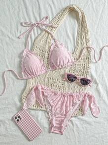 Vivid Eden Women's Pink Cute Halter Tie Swimsuit Set,Women Summer Clothing,Vacation Style,For Beach Vacation - Pink - View 3