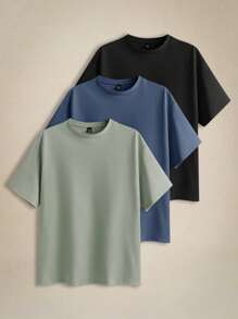 EASEVO 3pcs/Set Men Plus Size Solid Color Slim Fit Crew Neck Short Sleeve T-Shirts, Casual Knit Tees For Summer Daily Wear