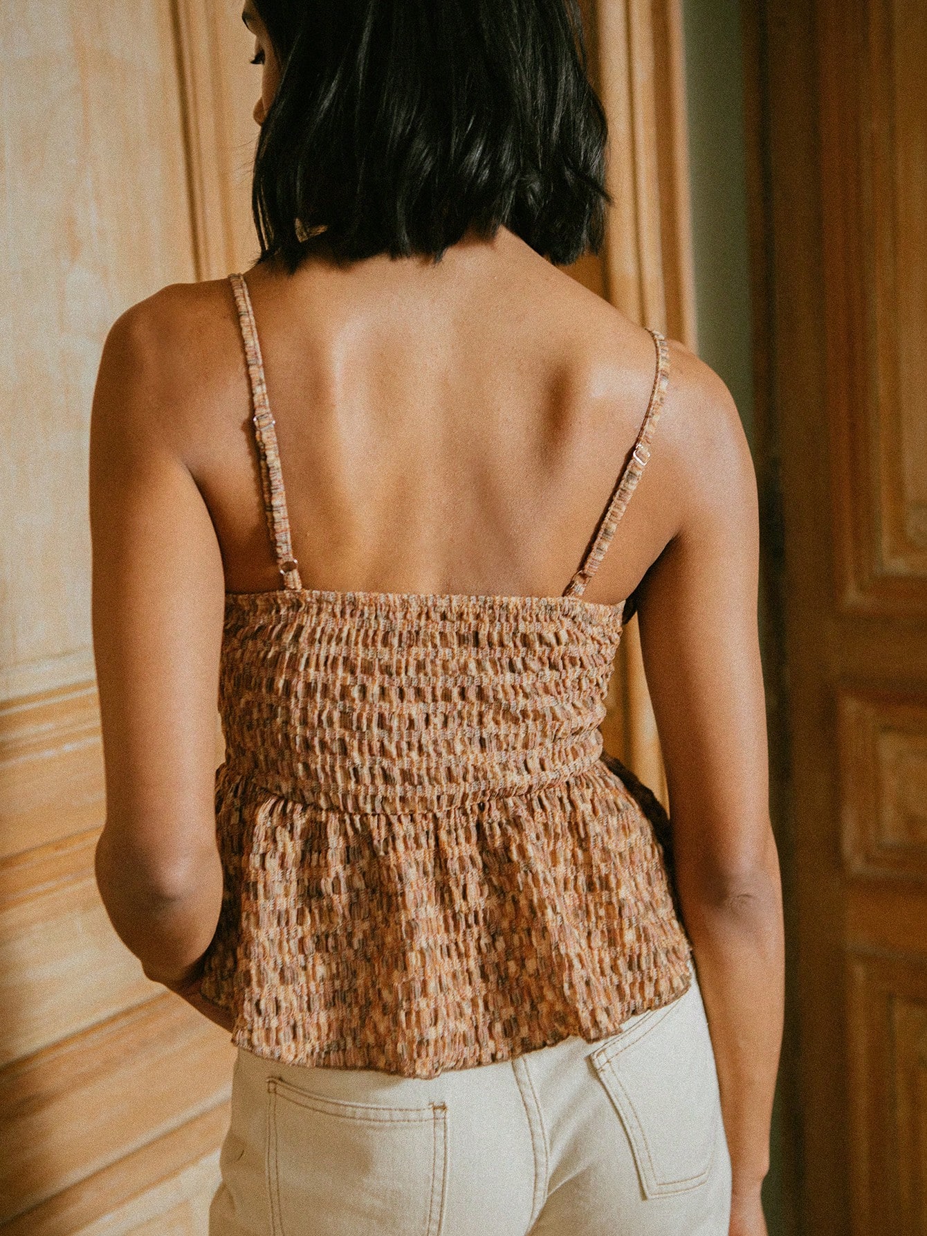 Light Brown Textured Cami Top With Ruffles And Front Button Detail Autumn Top Going Out Top Spring Summer