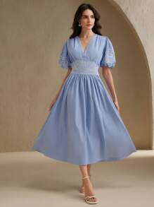 Anewsta Váy dự tiệc cưới cho nữ mùa xuân, mùa hè, lễ hội - Váy maxi cổ chữ V tay đèn lồng thêu hoa thanh lịch có viền xếp nếp - Màu xanh lam - Xem 4