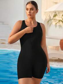 Swim SPRTY 大码女式纯色连体露背沙滩/运动泳衣，夏季