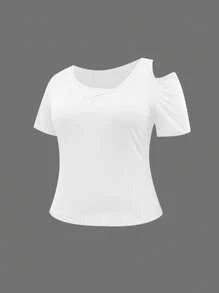 INAWLY Plus Size Plain Short Sleeve T-Shirt, Fashionable For Summer Fall Top For Women - White - View 4