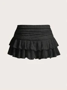 Sweetina Textured Mesh Drawstring Waist Layered Peplum Style Ruffle Hem Mini Skirt - Black - View 2