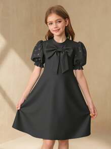 Tween 女童圆领蝴蝶结装饰泡泡袖网眼拼接奢华派对优雅婚礼花童/伴娘度假连衣裙