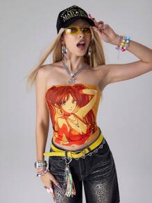ROMWE Anime Women Cartoon Character Printed Tube Top Casual Blouse, Summer