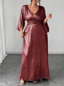 Elenzga Plus Size Women's High-End V-Neck Slit Waist A-Line Metallic Gold Accent Elegant Slim Fit Evening Gown, Suitable For Formal Party, Banquet, Business Event, Shoulder-Revealing, Romantic And Aristocratic Long Formal Dress - Burgundy - View 4