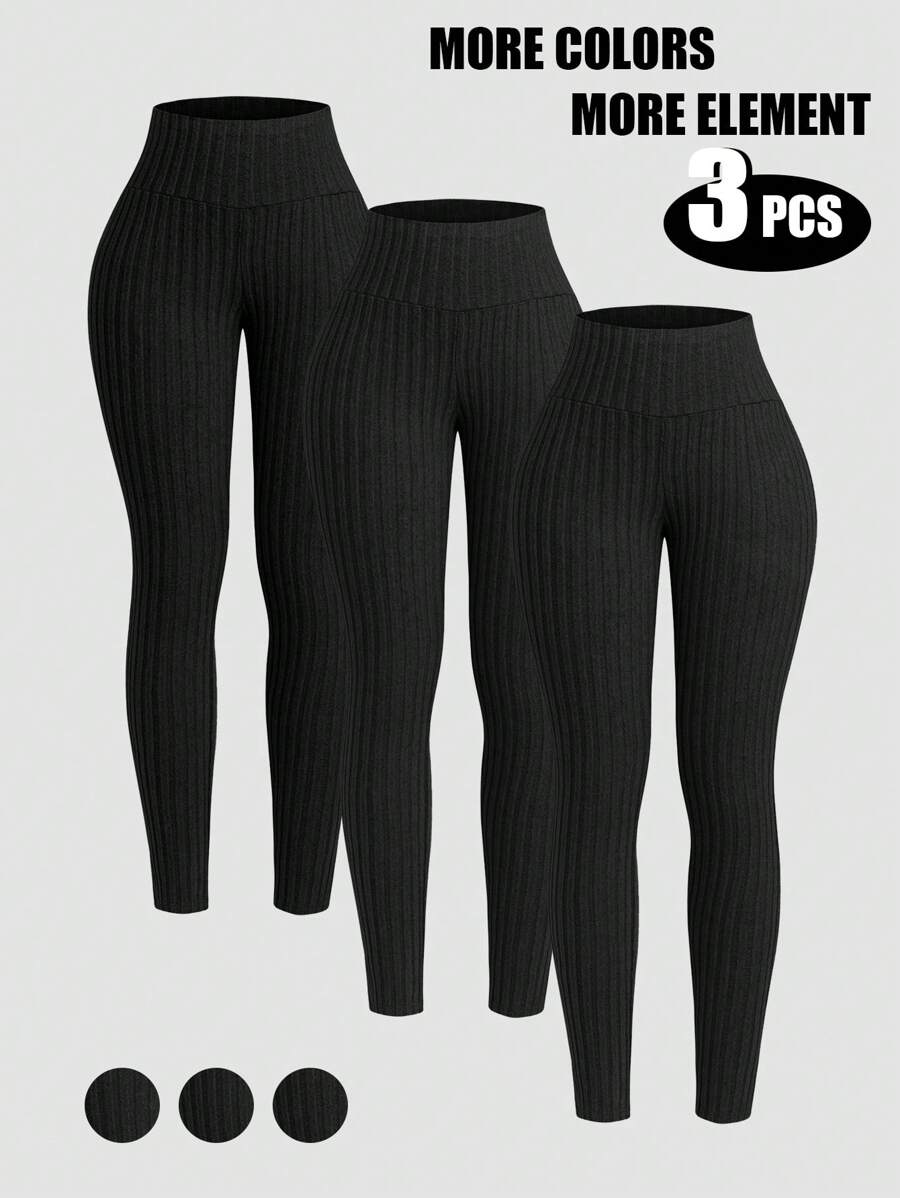 INAWLY 3件套女士纯色罗纹打底裤 - 彩色 - 查看 1