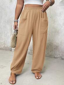 SHEIN VCAY Plus Size Elastic Waist Pocket Design Harem Pants