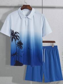 SHEIN Manfinity Dauomo Conjunto de 2 piezas para hombre con estampado degradado de palmeras: Camisa polo de manga corta y pantalones cortos para resort y vacaciones - Azul - Ver 3