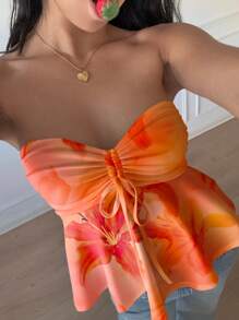 Attitoon Orange Tropical Floral Print Casual Vacation Style, Sexy, Cute Y2K Coconut Girl Boho Vacation Beach Outfits For Women, Springbreak, Brunch-Ready Babyblue, Girls Trip Butter Yellow Neon Beach Vibes, Bohemian Hippie Music Festival Summer Top For Women